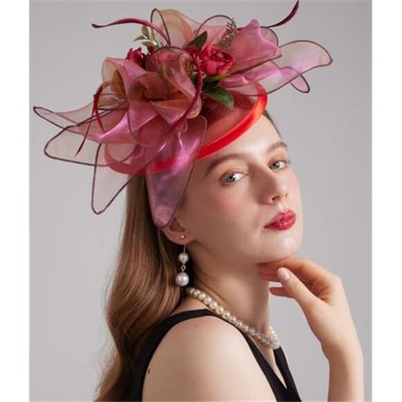 Women\'s Derby Church Hat Organza Flower Fascinator Wide Brim Sun Hat